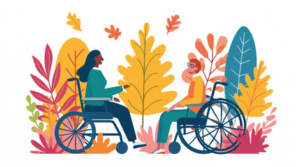 Illustration of companionship and accessibility with two people in wheelchairs enjoying an autumn park.