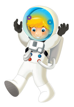 Cartoon cosmonaut scientist girl flying in space smiling illustation for children