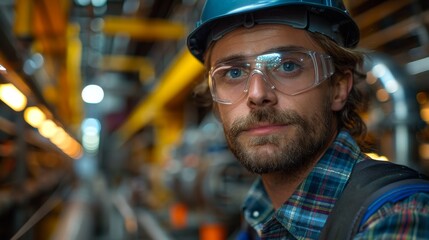 electrician wearing a dark blue hard hat, safety glasses