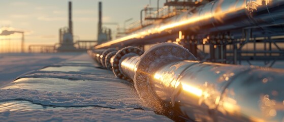 A pipeline stretches into the distance, its surface glistening with snow under the fading evening light, set against an industrial complex.