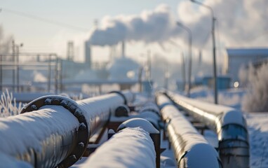 A close perspective of frost-covered pipelines stretching into a snowy industrial landscape, signifying energy transportation.