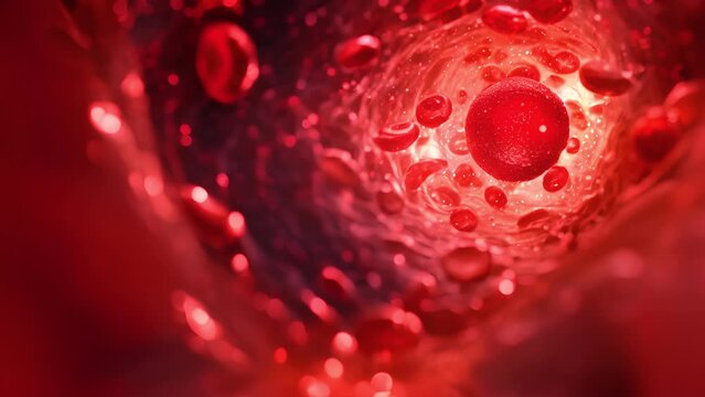 microbiology, Fat hyperlipidemia or arteriosclerosis hemoglobin red blood vessel cell micro microscope inside interior human body. Embolism and cholesterol and intestinal tumors