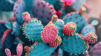 Vibrant cactus garden with colorful pink, blue, and purple flowers in bloom against a bright backdrop