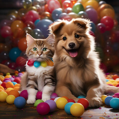 Fototapeta na wymiar A cat and a dog are laying in a pile of colorful balls