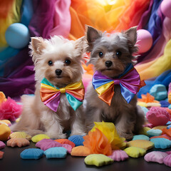 Two small dogs are sitting on a colorful carpet with a rainbow of flowers