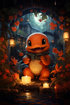 Enchanted evening at a traditional Japanese onsen: Charmander relishing a tranquil moment