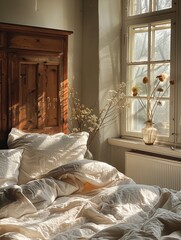 Interior of bright and sunny bedroom with big window. 