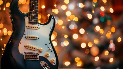 Music concert composition with close-up electronic guitar on blurred background with bokeh effect,...