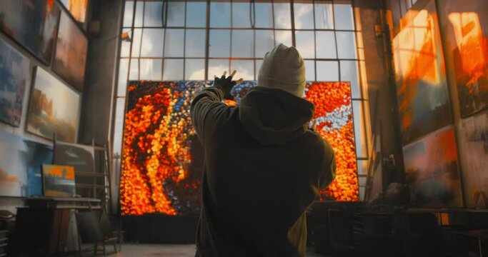 A Man controlling Large Painting In A Room Warehouse Video Art Set Design Augmented Reality