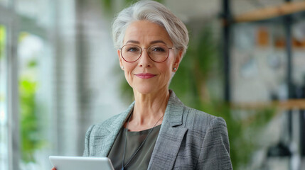 Mature businesswoman with tablet, confident and stylish.