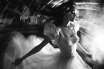 Elegant woman in white dress gracefully dancing in the shadows under dim light
