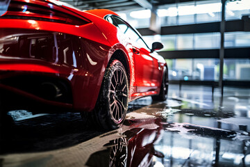 High-end detailing: Gleaming red sports car in car wash with soap suds - obrazy, fototapety, plakaty