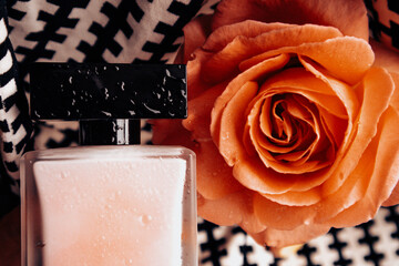 Bottle perfumed water, red lipstick on black white background, blooming fragrant tea rose on table...