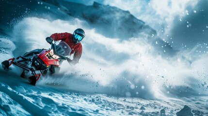 Dynamic snowmobile action in a winter landscape, showcasing a rider carving through deep snow with a spray of powder.