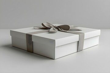 Elegant White Gift Box Mockup with Silver Bow on Neutral Backdrop. Concept Product Photography, Gift Box Mockup, Elegant Design, Silver Bow, Neutral Background