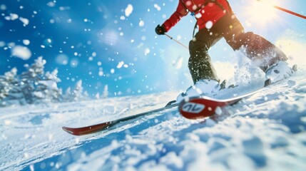 Close-up action shot of a skier in red gliding through fresh powder snow on a sunny day, with a clear blue sky and winter trees in the background. - obrazy, fototapety, plakaty