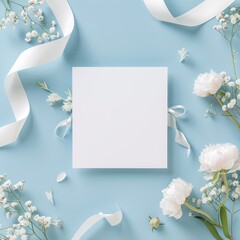 White square card mockup with white peony and baby's breath flowers and white ribbon on a blue background.