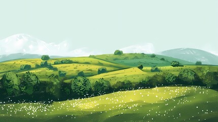 Fototapeta premium Spring green rural fields flat illustration poster background