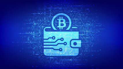Crypto Wallet icon with Bitcoin made with binary code. Digital Cryptocurrency wallet. Mobile banking, online finance, blockchain banner. Binary code background with digits 1.0. Vector Illustration.