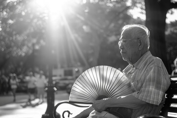 Shaded respite for an elderly man - a handheld fan his companion - as he gazes upon the...