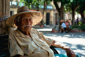 An elderly man with a handheld fan, sitting on a shaded bench, gazing at a sun-drenched plaza