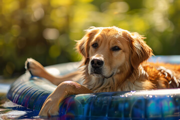 A dog finds blissful solace in a kiddie pool - lounging and paddling away the summer heat - obrazy, fototapety, plakaty