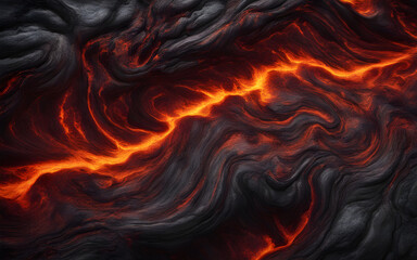 Lava flow texture, molten reds and blacks, dynamic and intense natural phenomenon, abstract representation