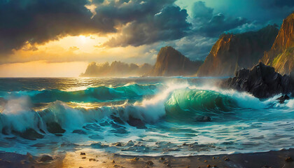 Fototapeta premium Dramatic seascape with waves, cliffs, and a sunset through stormy clouds. Generative Ai