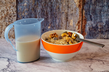Morning meal with a bowl of oatmeal and nuts. Next to it is a jug of milk.