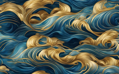 Sea waves pattern abstract background, blue and gold waves texture, imitation of watercolor painting