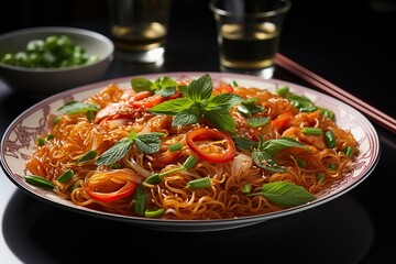 Vegetarian Schezwan Noodles or Vegetable Hakka Noodles or Chow Mein in black bowl at dark background - obrazy, fototapety, plakaty