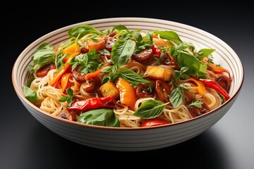 Vegetarian Schezwan Noodles or Vegetable Hakka Noodles or Chow Mein in black bowl at dark background - obrazy, fototapety, plakaty