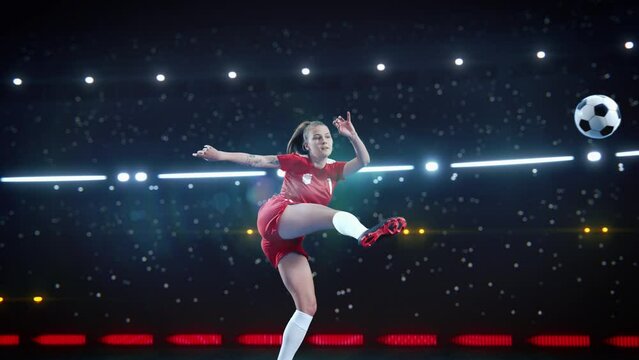 Aesthetic Super Slow Motion Shot Of Female Soccer Football Player Jumping And Kicking Ball on Black Background Under Spotlight. Professional Sports Woman Scoring A Winning Goal in Championship. - Powered by Adobe