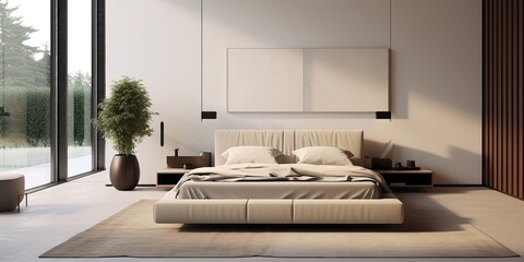 AI Generated. AI Generative. Dark grey and brown wood color modern minimalistic deisgn hotel room livingroom bedroom. Inside architecture interior design template. Graphic Art