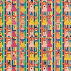 Obraz na płótnie Canvas Seamless fabric pattern, stripes, bright colors with many little bears wearing hats and clothes. Bright colors add elegance and vitality to textiles, designs, fashion, backgrounds 