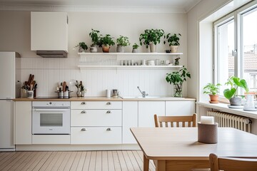 white kitchen with white wooden cabinet and white and green plant craftcore, beige and white - Powered by Adobe