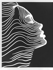 Abstract Woman face shape made of bold white lines, isolated on black background. Black and white poster