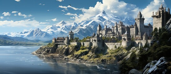 landscape with fantasy castle and high mountains