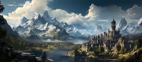 landscape with fantasy castle and high mountains - obrazy, fototapety, plakaty