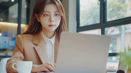 A young Asian business woman in glasses working on a laptop at a white desk, sitting in the style of a window with light and a modern office interior background