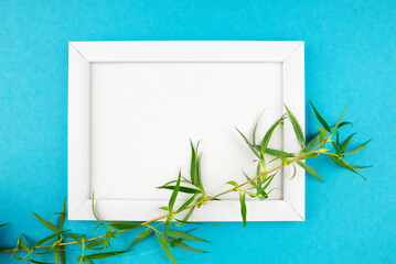 wooden photo frame and branch with leaves on isolated blue background