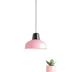 A pink light hanging over a potted plant