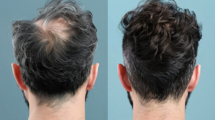 Back view of man head before and after hair care using hair serum. Comparison. - obrazy, fototapety, plakaty