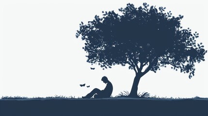 People having problems concept. Silhouette of sad and lonely man sitting alone under a tree. AI generated