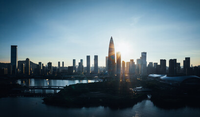 Aerial view of sunset landscape in Shenzhen city,China