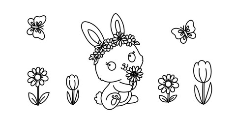 Kawaii line art coloring page for kids. Kindergarten or preschool coloring activity. Cute bunny surrounded by flowers and butterflies Summer coloring page. Kawaii rabbit vector illustration - 782103724
