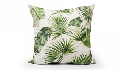 Green and white tropical leaves pattern on a throw pillow