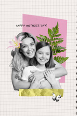 Collage 3d image of pinup retro sketch of funny family mom hugging daughter celebrate mother day postcard bizarre unusual fantasy billboard