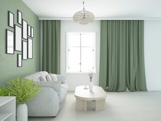 Salon pokój z zieloną ścianą zielonymi zasłonami i szarą sofą i stolikiem kawowym