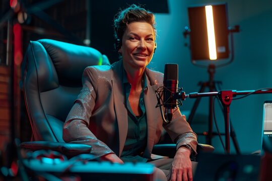 Smiling women host streaming audio podcast using microphone at big broadcast studio